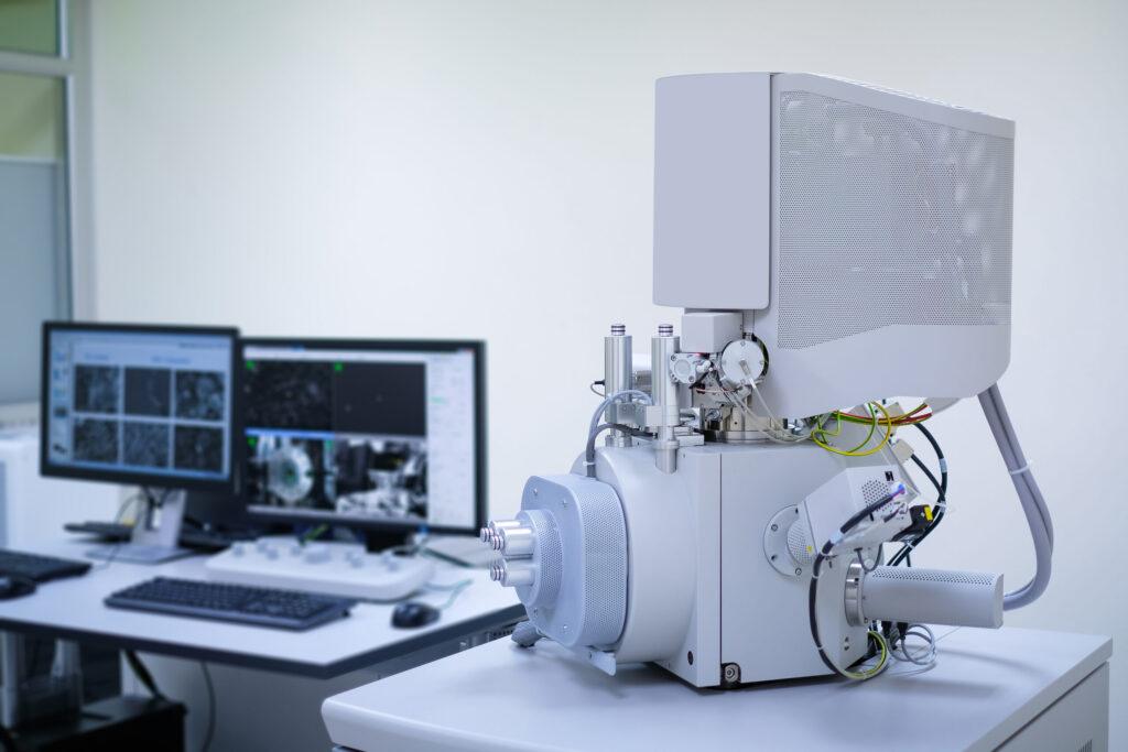 Scanning Electron Microscope (SEM) machine in laboratory and blur computer controller background.