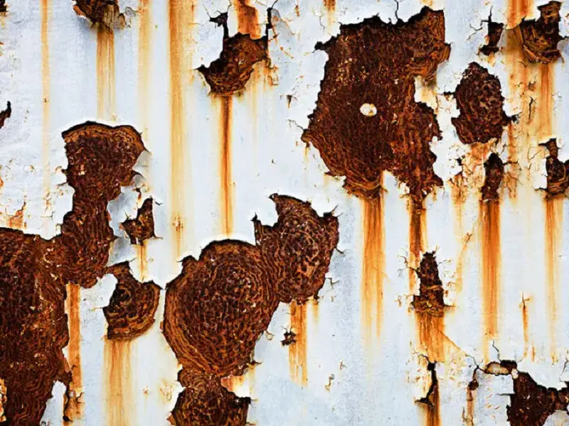Corrosion damage on metal surface showing pitting and surface degradation
