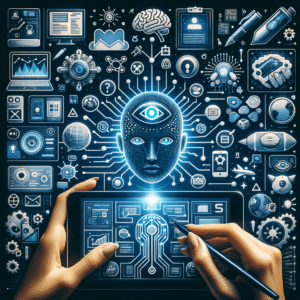 AI-driven biomaterials development showing digital modeling of polymer structures and biological scaffolds for medical applications.