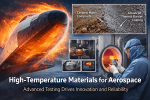 High-temperature aerospace materials tested under extreme heat, showing rocket engine exposure, ceramic matrix composites, and laboratory furnace testing.