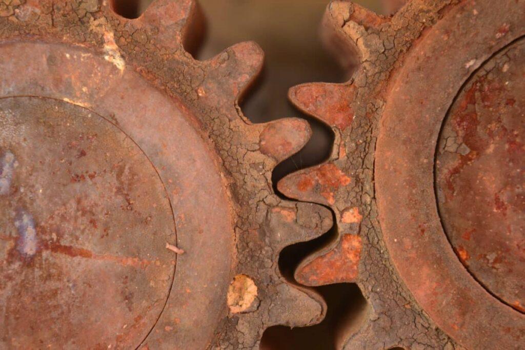 Corroded metal gears used in sterilization and material integrity studies to evaluate the effects of sterilization processes on corrosion, surface degradation, and mechanical reliability