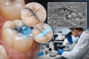 Self-healing dental polymer repairing microcracks in tooth restoration with polymer microcapsules and laboratory analysis.