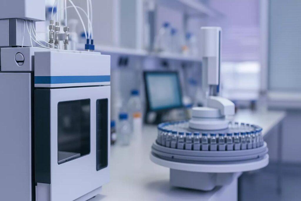 Composite of biological cells, implant materials, and test equipment representing Materials Metric’s comprehensive biocompatibility and device safety evaluation services.