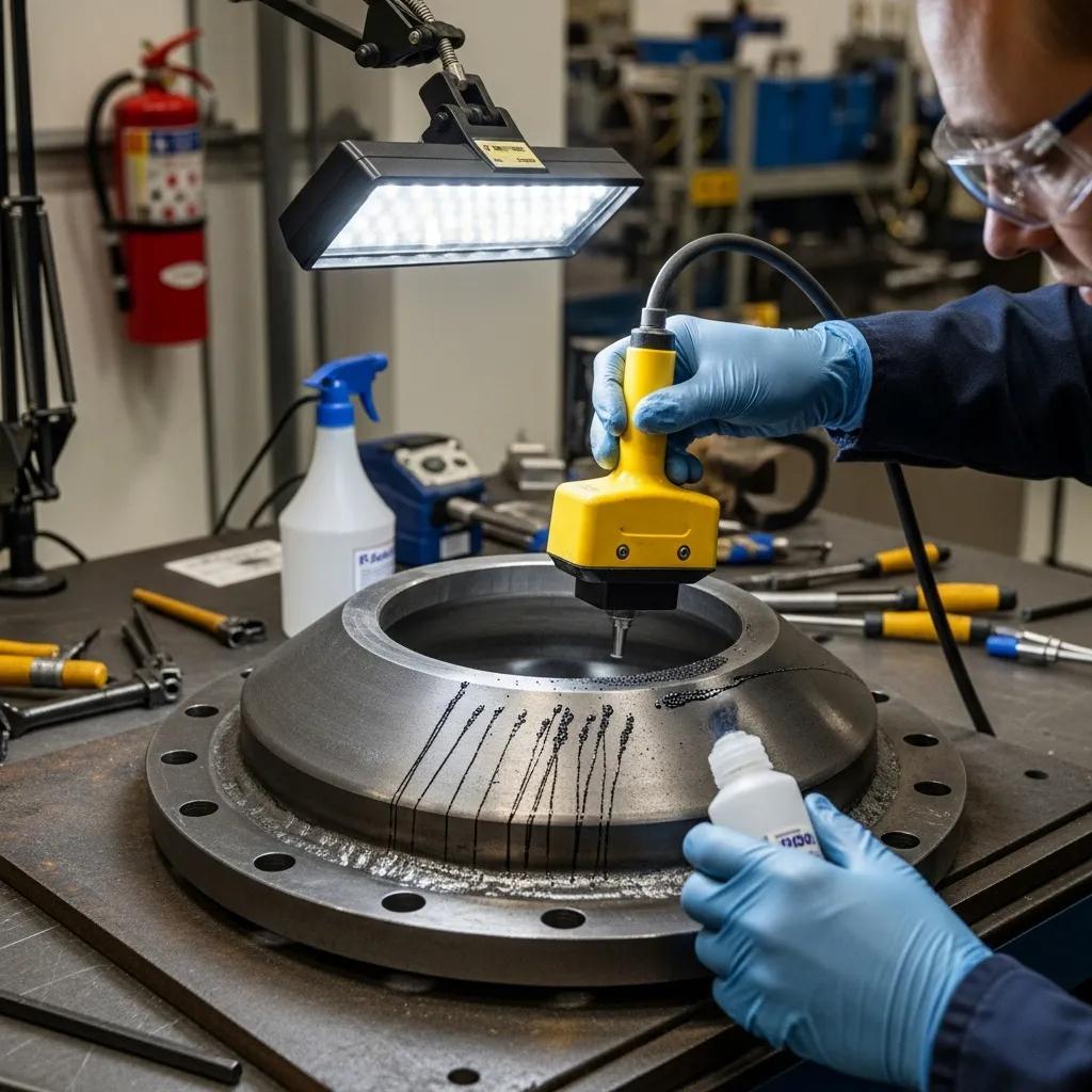 Technician conducting magnetic particle testing on ferromagnetic material, highlighting defect detection