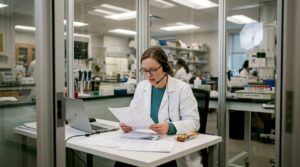 Lab manager reviewing test reports at desk
