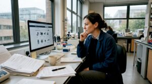 Scientist reviewing CRO proposals in lab office
