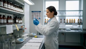 Analyst working in chemical testing laboratory