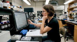 Scientist reviewing DMA test results in lab
