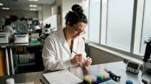 Lab technician labeling assay sample tube