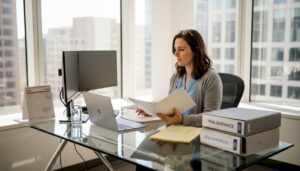 Consultant at desk reviewing medical device regulations