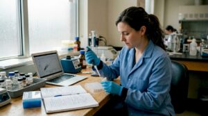 Scientist using pipette at cluttered assay lab bench
