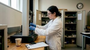 Lab technician sets tensile tester