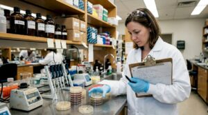 Microbiologist observing petri dishes in laboratory