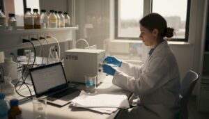 Technician checks testing device in busy lab