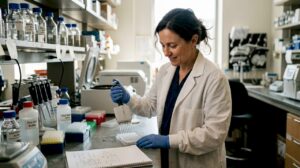 Scientist pipetting in molecular biology laboratory