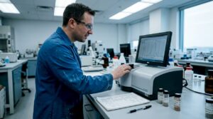 Technician operating laser diffraction analyzer in lab