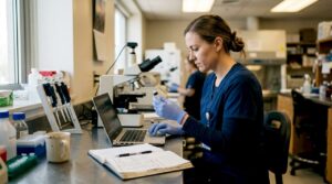 Lab technician preparing biocompatibility test samples