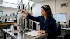 Chemist working beside NMR machine