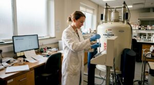 Lab technician loading sample into NMR spectrometer