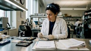 Scientist examining dental material samples