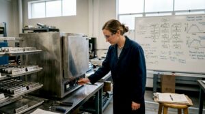 Lab technician adjusting furnace for alloy testing