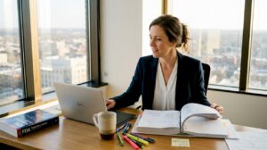 Consultant reviews documents at cluttered office desk