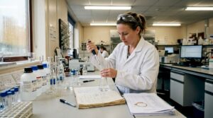 Chemist preparing wet chemistry experiment in lab
