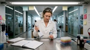 Scientist pipetting samples at laboratory workstation