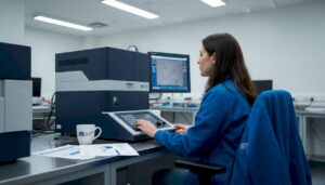 Scientist operating scanning electron microscope in lab