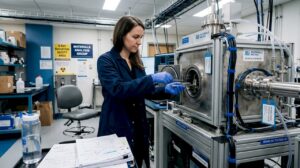 Scientist preparing sample at X-ray spectroscopy machine