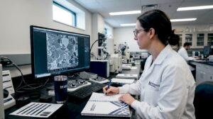 Scientist reviewing images at electron microscopy lab workstation