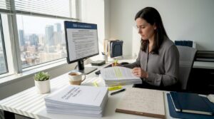 Specialist reviewing 510(k) documents in office
